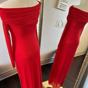 Commense Red Asymmetrical Ruched Long Sleeve Dress